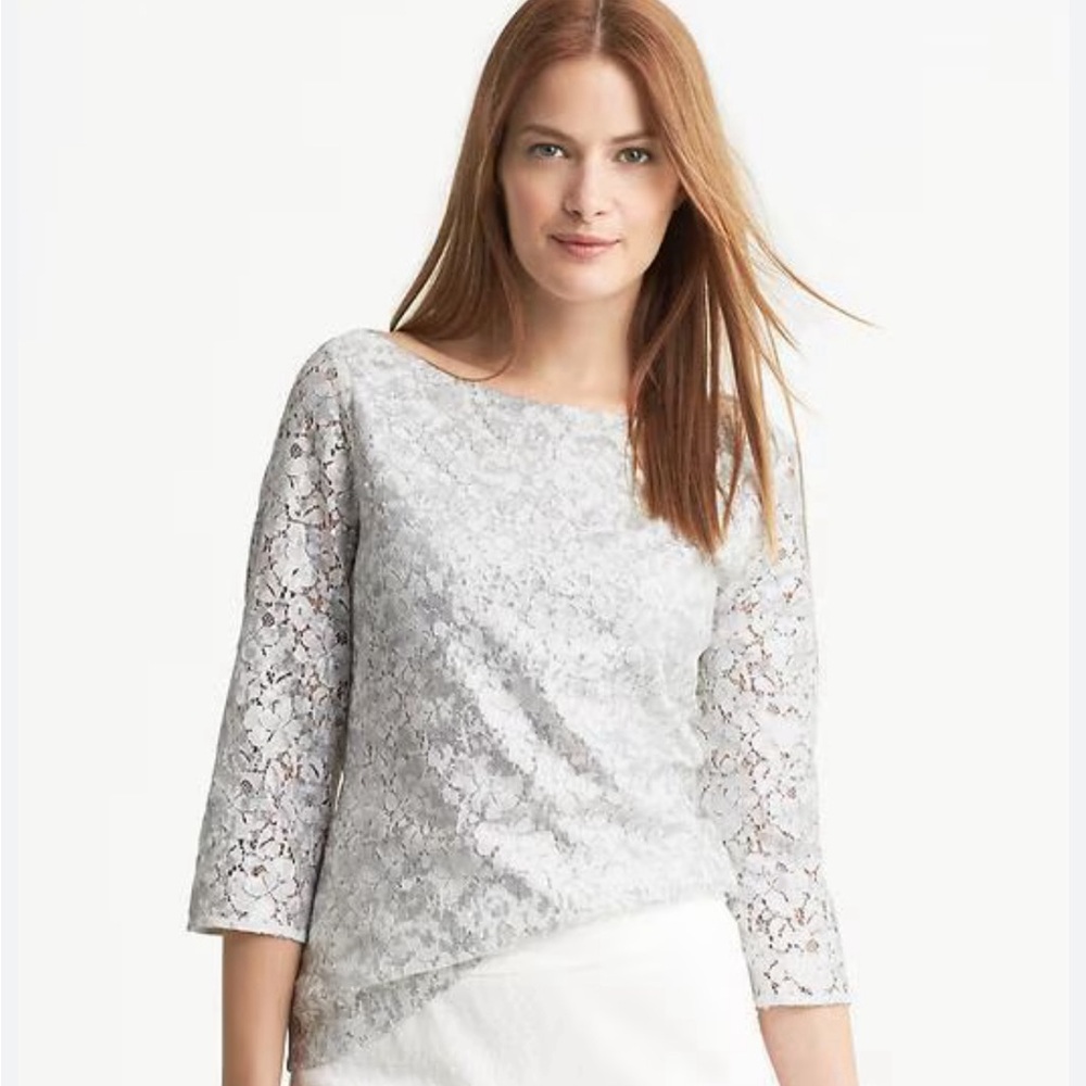 Banana Republic White Lace Silver Matte Sequins 3/4 Sleeve Blouse